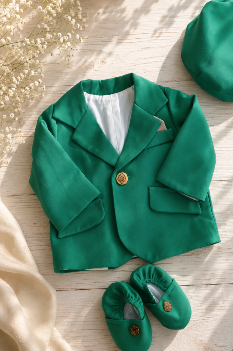Costum elegant băieți 7 piese verde crud din stofă Barbie premium, cu sacou căptușit cu bumbac și body tip cămașă din bumbac. Ideal pentru botez, nuntă și evenimente speciale. [5]