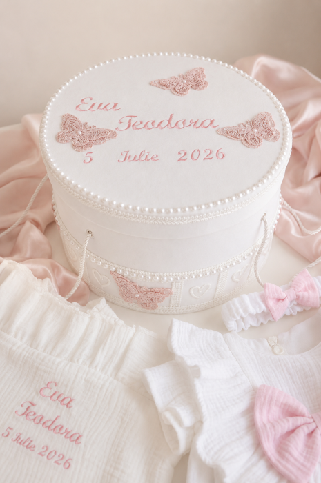 Cufar de botez personalizat, decor dantela, perlute si fluturasi [2]