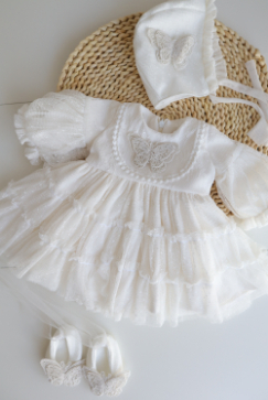 Rochie elegantă pentru botez fetiță din stofă moale, tul și dantelă Chantilly [5]