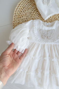 Rochie elegantă pentru botez fetiță din stofă moale, tul și dantelă Chantilly [4]