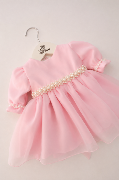 Rochiță Botez Fetiță Roz din Tafta și Organza cu Perle și Fundă Max [3]