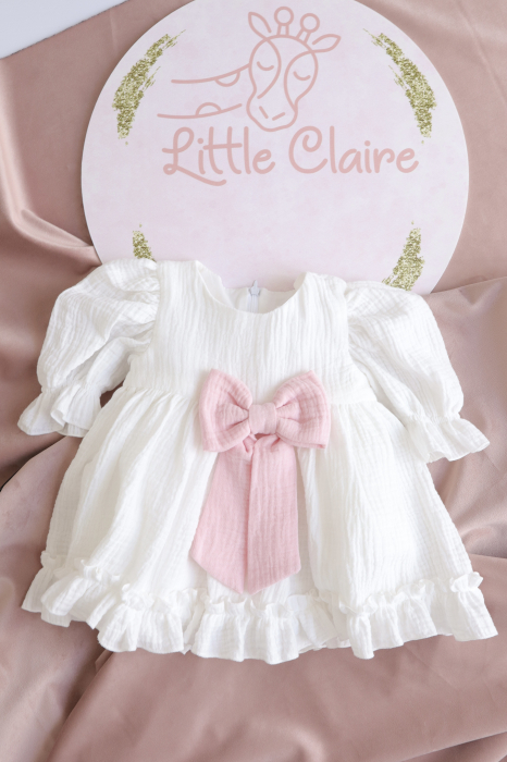 Rochiță botez și ocazie din muselină cu fundiță roz – Little Claire [4]