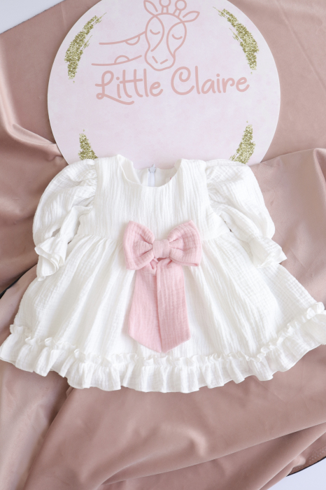 Rochiță botez și ocazie din muselină cu fundiță roz – Little Claire [5]