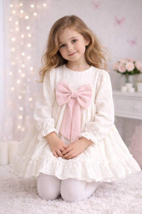 Rochiță botez și ocazie din muselină cu fundiță roz – Little Claire [3]