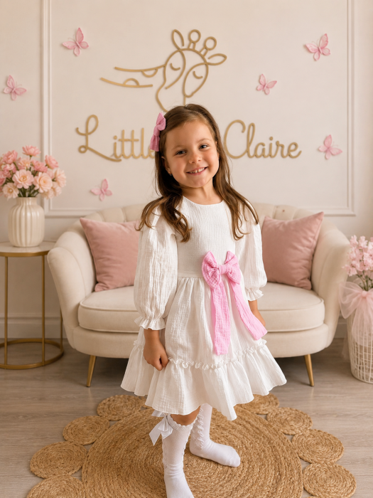 Rochiță botez și ocazie din muselină cu fundiță roz – Little Claire [8]