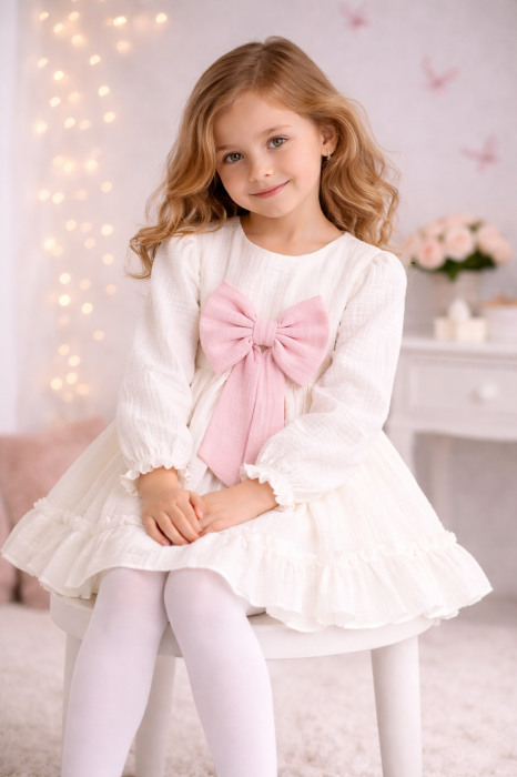 Rochiță botez și ocazie din muselină cu fundiță roz – Little Claire [2]