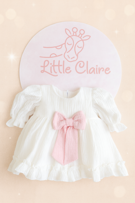 Rochiță botez și ocazie din muselină cu fundiță roz – Little Claire [1]