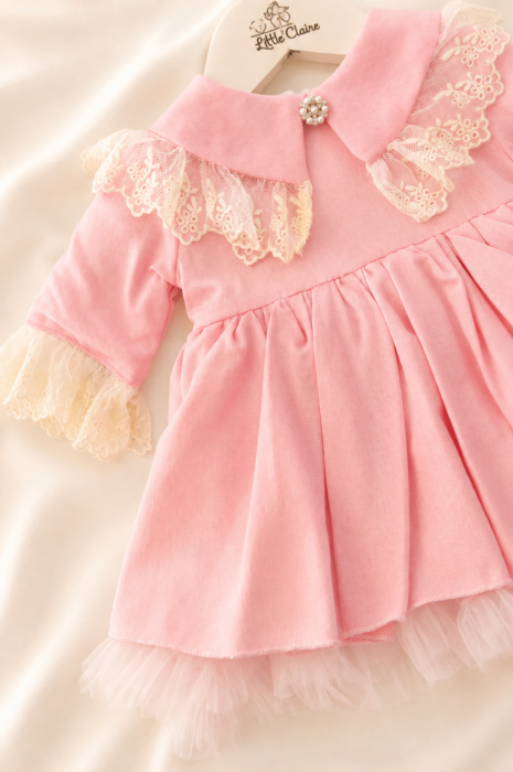 Rochie elegantă roz pentru fetițe cu dantelă ivoire și tull – Little Claire-fleur de lin rose [3]