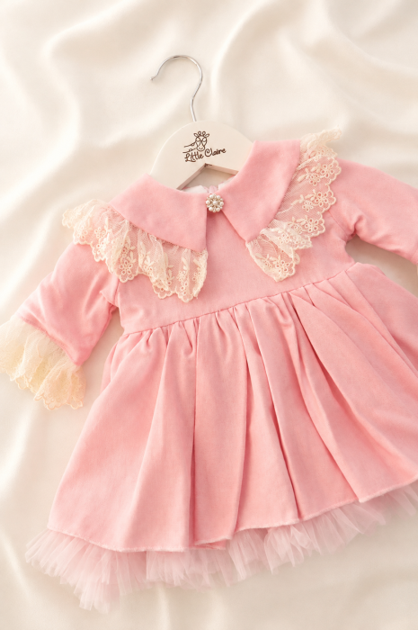 Rochie elegantă roz pentru fetițe cu dantelă ivoire și tull – Little Claire-fleur de lin rose [2]