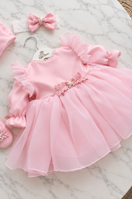 Rochiță de botez Rosaline Pink – tafta și organza premium, cu perle [2]