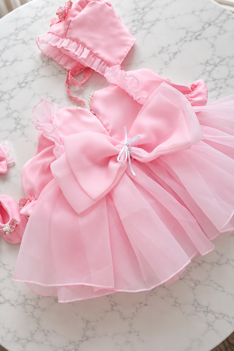Rochiță de botez Rosaline Pink – tafta și organza premium, cu perle [5]