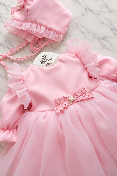 Rochiță de botez Rosaline Pink – tafta și organza premium, cu perle [4]