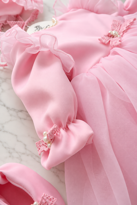 Rochiță de botez Rosaline Pink – tafta și organza premium, cu perle [3]
