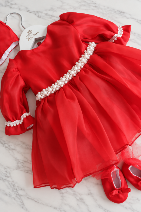 Rochie roșie elegantă pentru fetițe din tafta și organza cu perle [5]