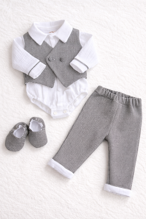 Set botez baietei Eden ; Costumas 3 piese si trusou muselina [7]
