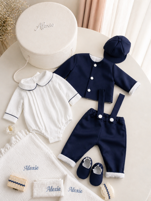Set botez baietel Alexandru : costumas 3 piese si trusou muselina [2]