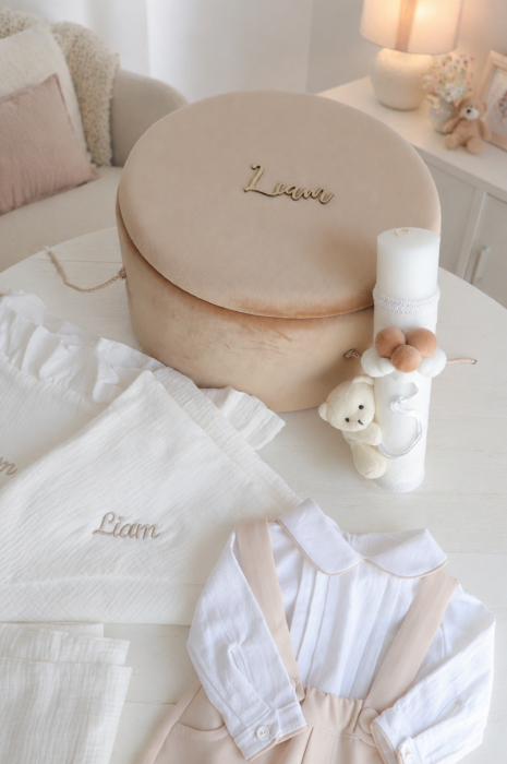 Set botez baietel Matei: trusou muselina personalizat, cufar si costumas din 2 piese [3]