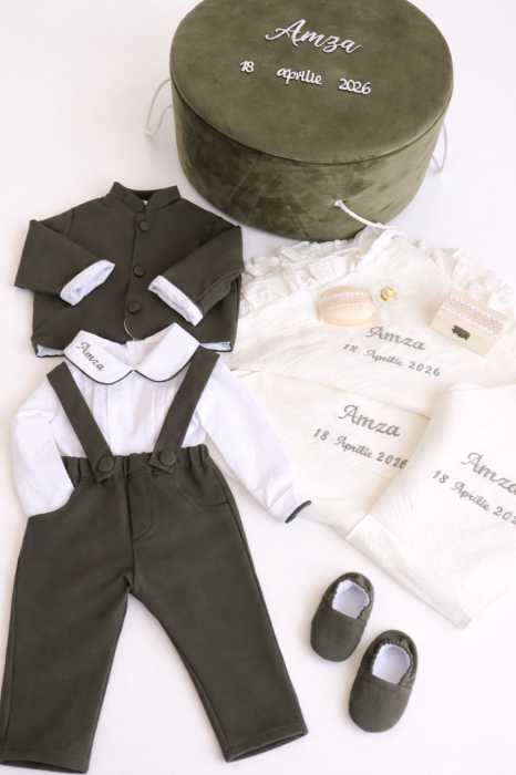 Set Botez Băieți Personalizat Liam– Costum cu Bretele, Cufăr Catifea & Trusou Muselină OEKO-TEX® [13]