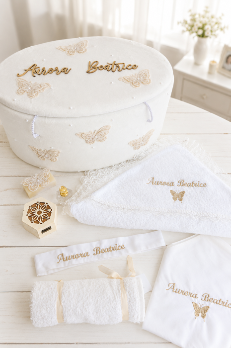 Set botez fetiță Odette– rochiță, trusou complet, cufăr personalizat și bentiță delicată [2]
