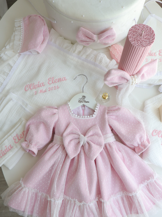 Set botez fetiță roz pudră – Rochiță elegantă, cufăr decorat și trusou muselină | Little Claire [11]