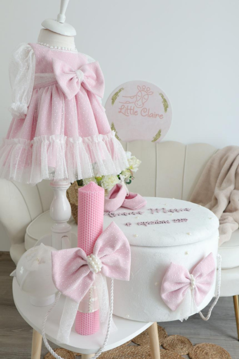 Set botez fetiță roz pudră – Rochiță elegantă, cufăr decorat și trusou muselină | Little Claire [6]