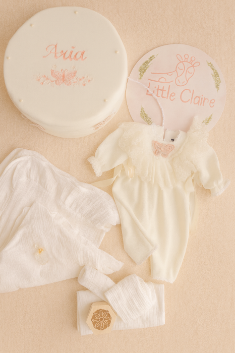 Set botez Fluturasi de poveste- Cufar personalizat, trusou de muselina si salopeta eleganta [1]