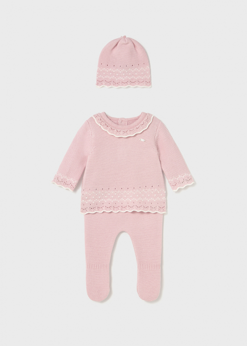 Set cadou bebelus pulover, pantalonasi cu botosei si caciulita roz [1]