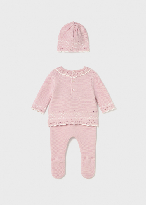 Set cadou bebelus pulover, pantalonasi cu botosei si caciulita roz [4]