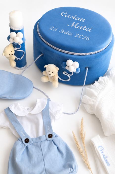 Set de botez Edward Ursuleț – Costum botez băieți 3 piese din in, trusou muselina si cufar [3]
