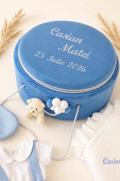 Set de botez Edward Ursuleț – Costum botez băieți 3 piese din in, trusou muselina si cufar [4]