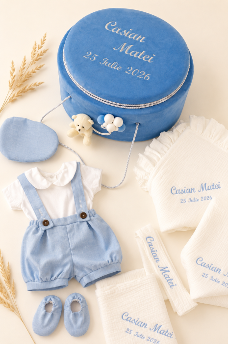 Set de botez Edward Ursuleț – Costum botez băieți 3 piese din in, trusou muselina si cufar [5]
