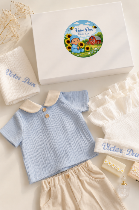 Trusou botez băiețel Elias din muselină cu personalizare și cutie magnetică premium [12]