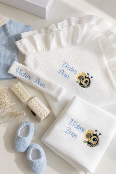 Trusou botez băiețel Elias din muselină cu personalizare și cutie magnetică premium [2]