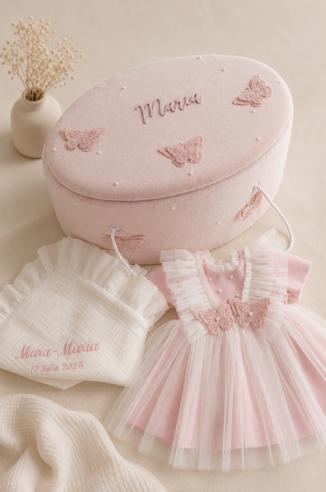 Set de botez Valerie – Rochiță elegantă, trusou din muselină și cufăr personalizat [4]