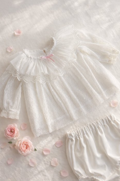 Set elegant pentru fetițe – pantalonași cu volănaș și bluză cu tull și dantelă [2]