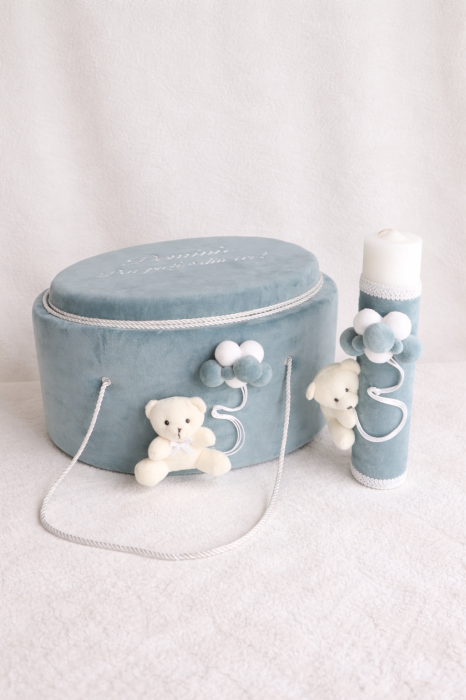 Trusou botez ursulet baietel albastru marin, continut muselina certificata OEKO TEX, personalizare inclusa [4]