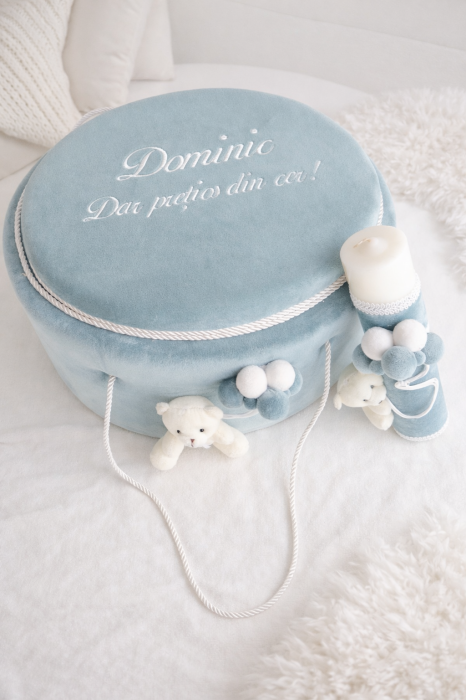 Trusou botez ursulet baietel albastru marin, continut muselina certificata OEKO TEX, personalizare inclusa [3]