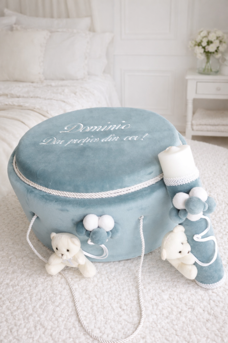 Trusou botez ursulet baietel albastru marin, continut muselina certificata OEKO TEX, personalizare inclusa [2]