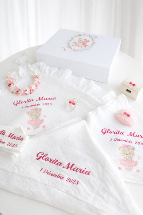 Trusou de Botez din Muselină Personalizat – Tematică Ursuleț Balerină, Cutie Carton cu Închidere Magnetică [2]
