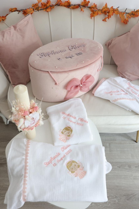 Trusou de botez personalizat cu cufăr și set complet din muselină certificata OEKO-TEX [3]