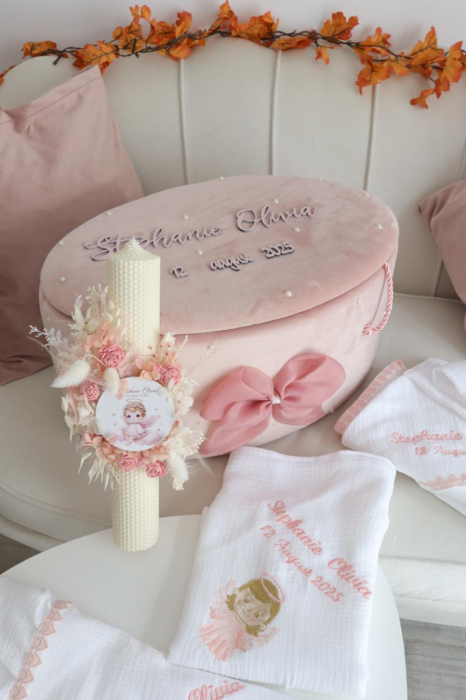 Trusou de botez personalizat cu cufăr și set complet din muselină certificata OEKO-TEX [1]