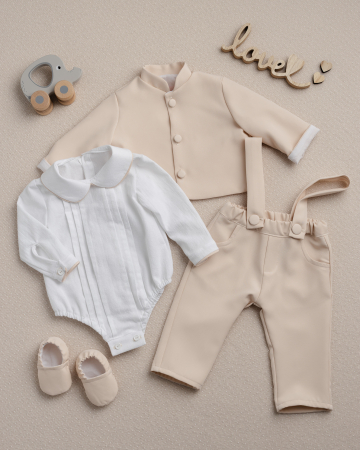 TINUTE BOTEZ BAIETEI - Costum botez băieți Matei”– set elegant crem cu bretele - 2 piese