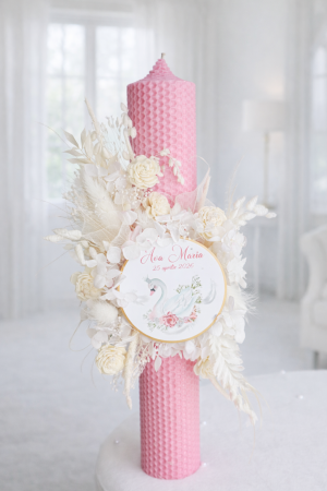 LUMANARI BOTEZ FETITE - Lumânare botez din ceară naturală cu disc personalizabil – model floral delicat