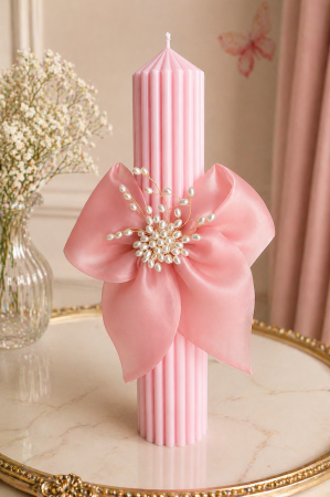 LUMANARI BOTEZ FETITE - Lumanare botez roz cu funda si accesoriu perle