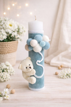 Lumanare botez ursulet nuante albastru marin