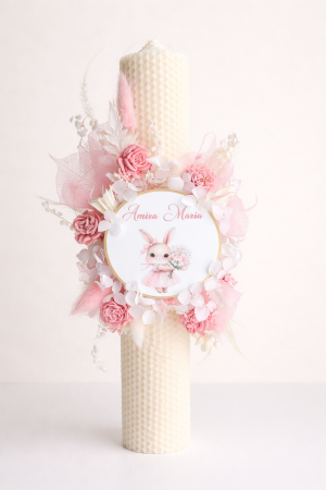 BOTEZ FETIȚE - Lumanare cu disc personalizat si simbol iepurica