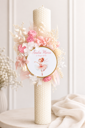BOTEZ FETIȚE - Lumânare de botez personalizată Balerină cu decor floral