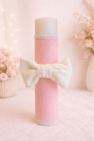 LUMANARI BOTEZ FETITE - Lumanare Rosa Belle -parafina imbracata in catifea cu decor fundita catifea