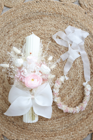 LUMANARI BOTEZ FETITE - Lumanare botez fetita decorata cu flori uscate si fundita organza - Little Claire