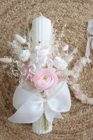Lumanare botez fetita decorata cu flori uscate si fundita organza - Little Claire [1]